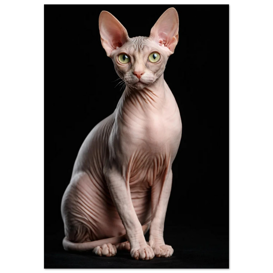 Sphynxkatt poserar sittande framifrån på svart bakgrund – Fotorealistisk poster