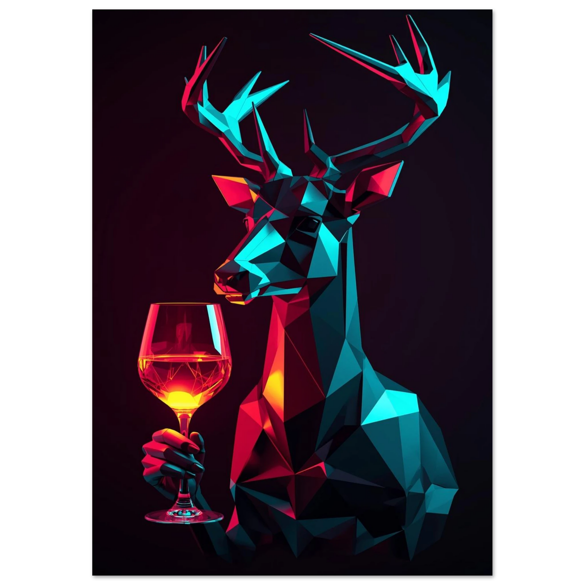 Modern low-poly poster föreställande en hjort med lysande konturer och vinglas