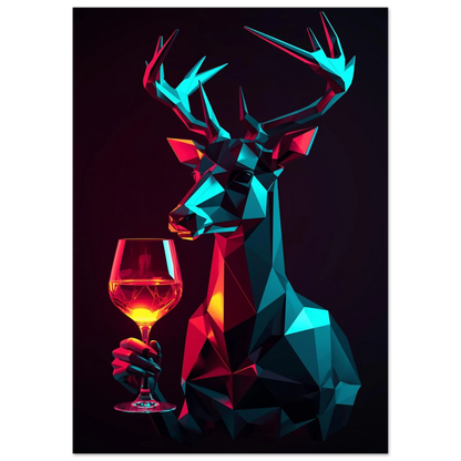 Modern low-poly poster föreställande en hjort med lysande konturer och vinglas