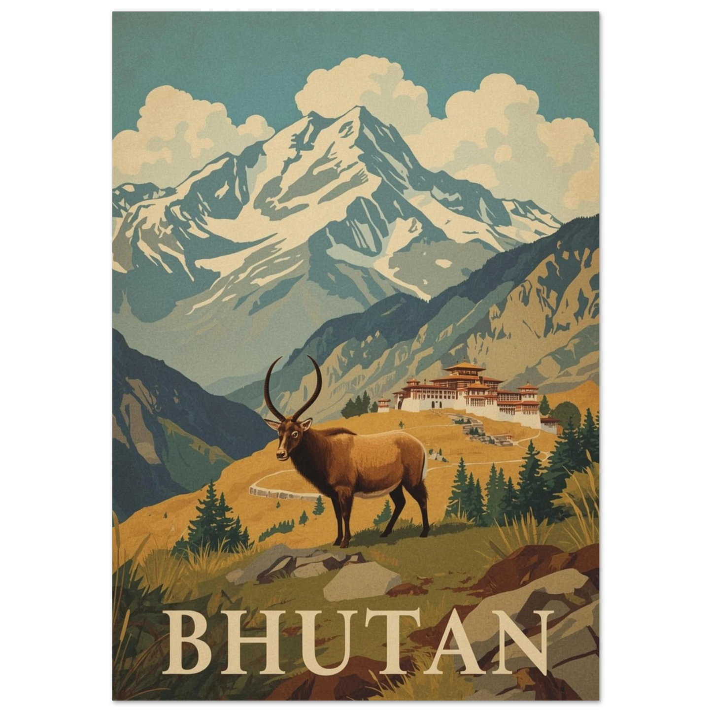 Brun takin på en bergssluttning i Himalaya, grafiskt djurmotiv med naturfokus