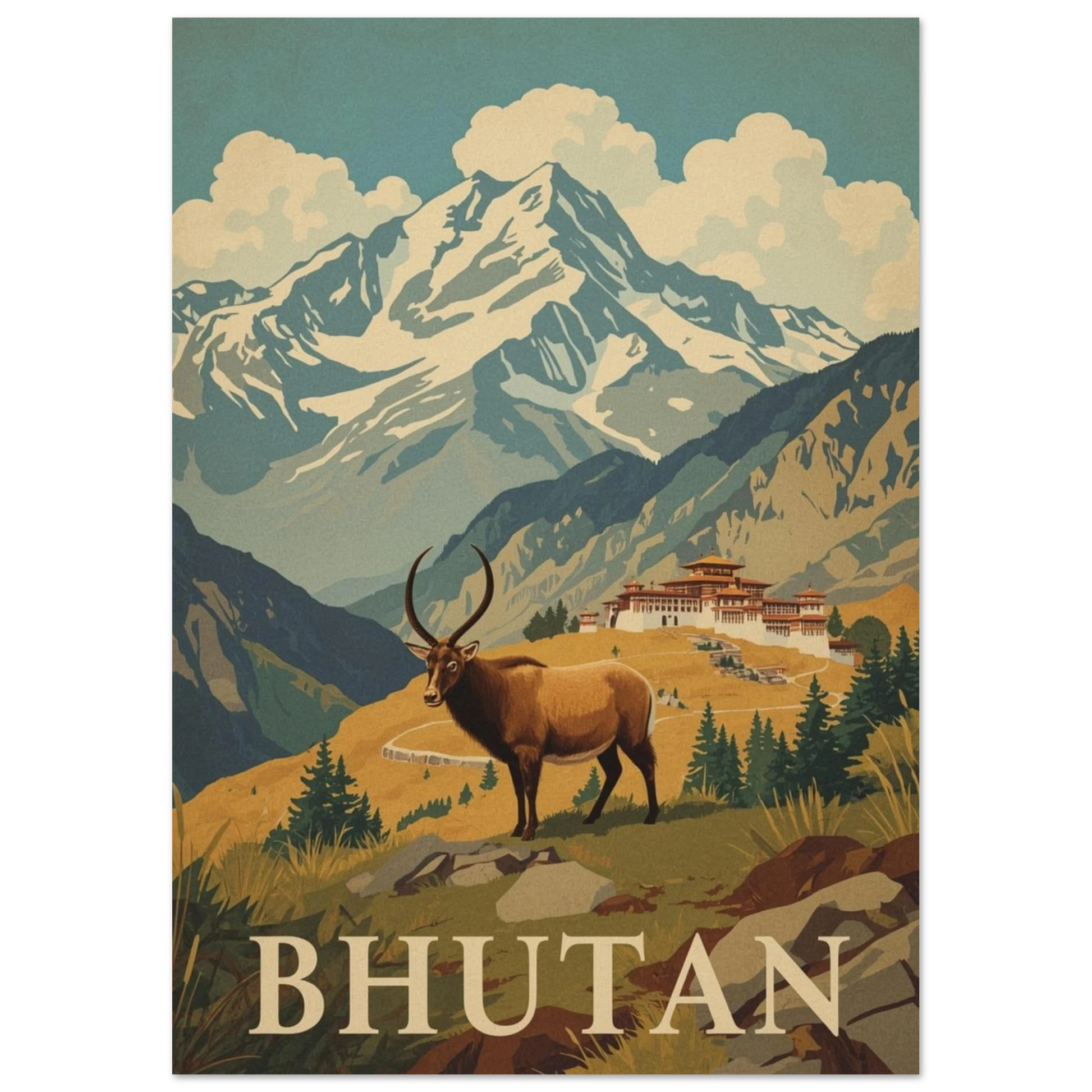 Brun takin på en bergssluttning i Himalaya, grafiskt djurmotiv med naturfokus