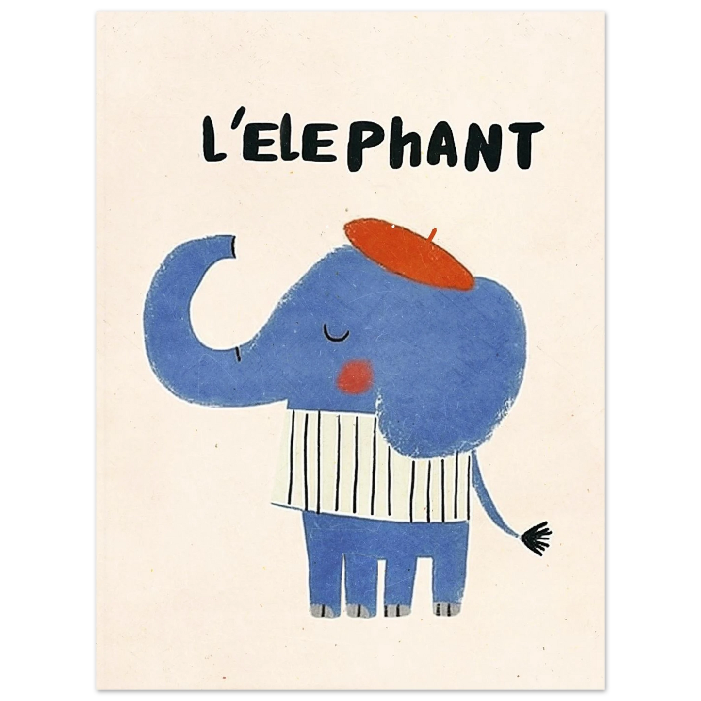 Lekfull djurposter med en blå elefant och röd basker, vit bakgrund