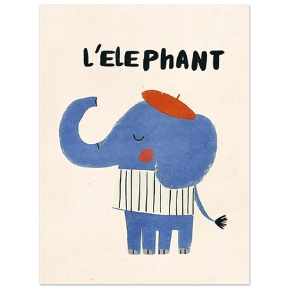 Lekfull djurposter med en blå elefant och röd basker, vit bakgrund