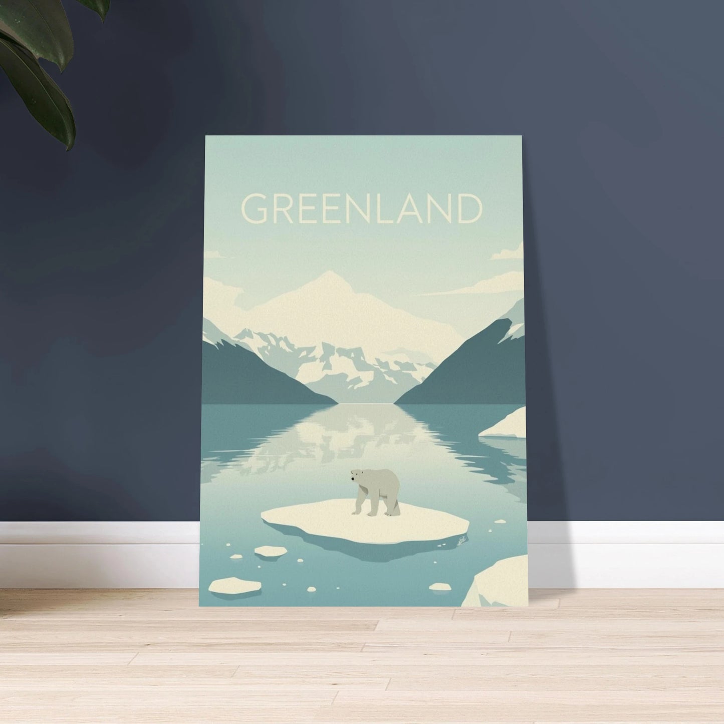 Isbjörn på isflak i ett lugnt fjordlandskap, minimalistisk stil.