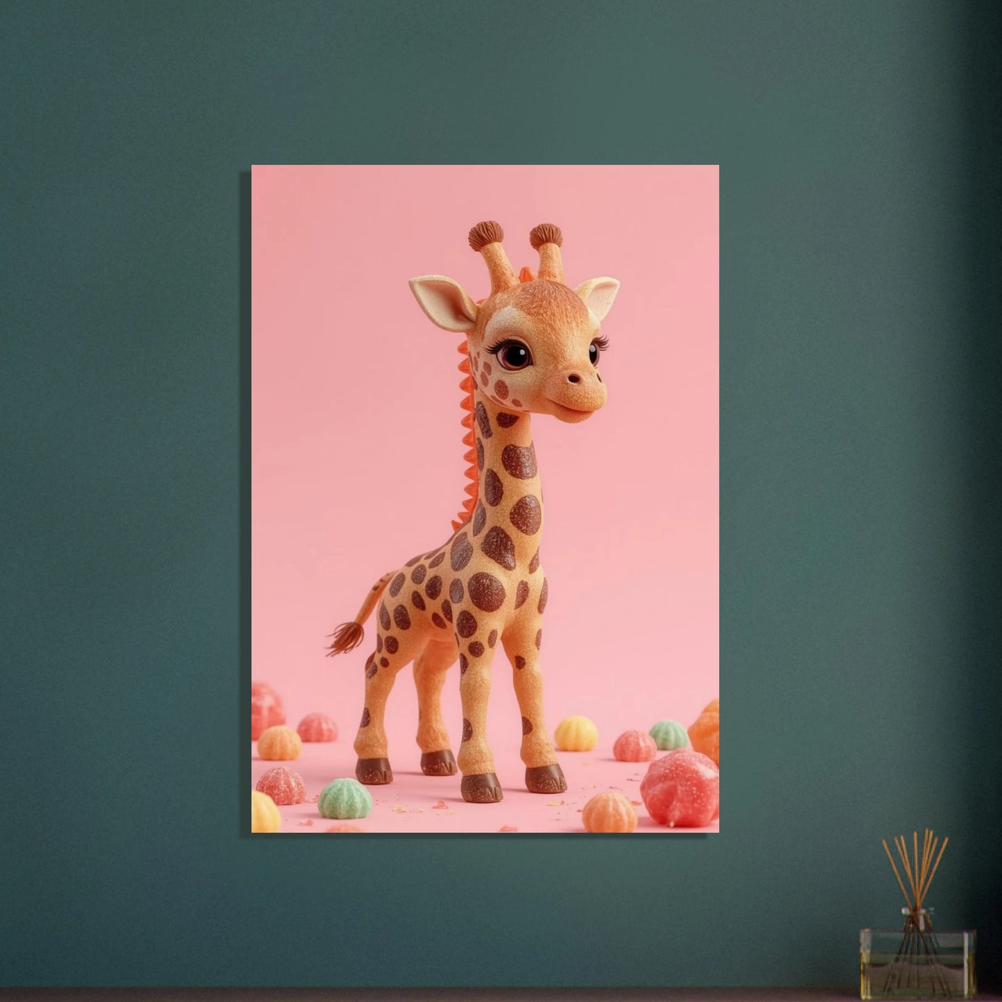 Söt giraff av karamell och godis på rosa bakgrund