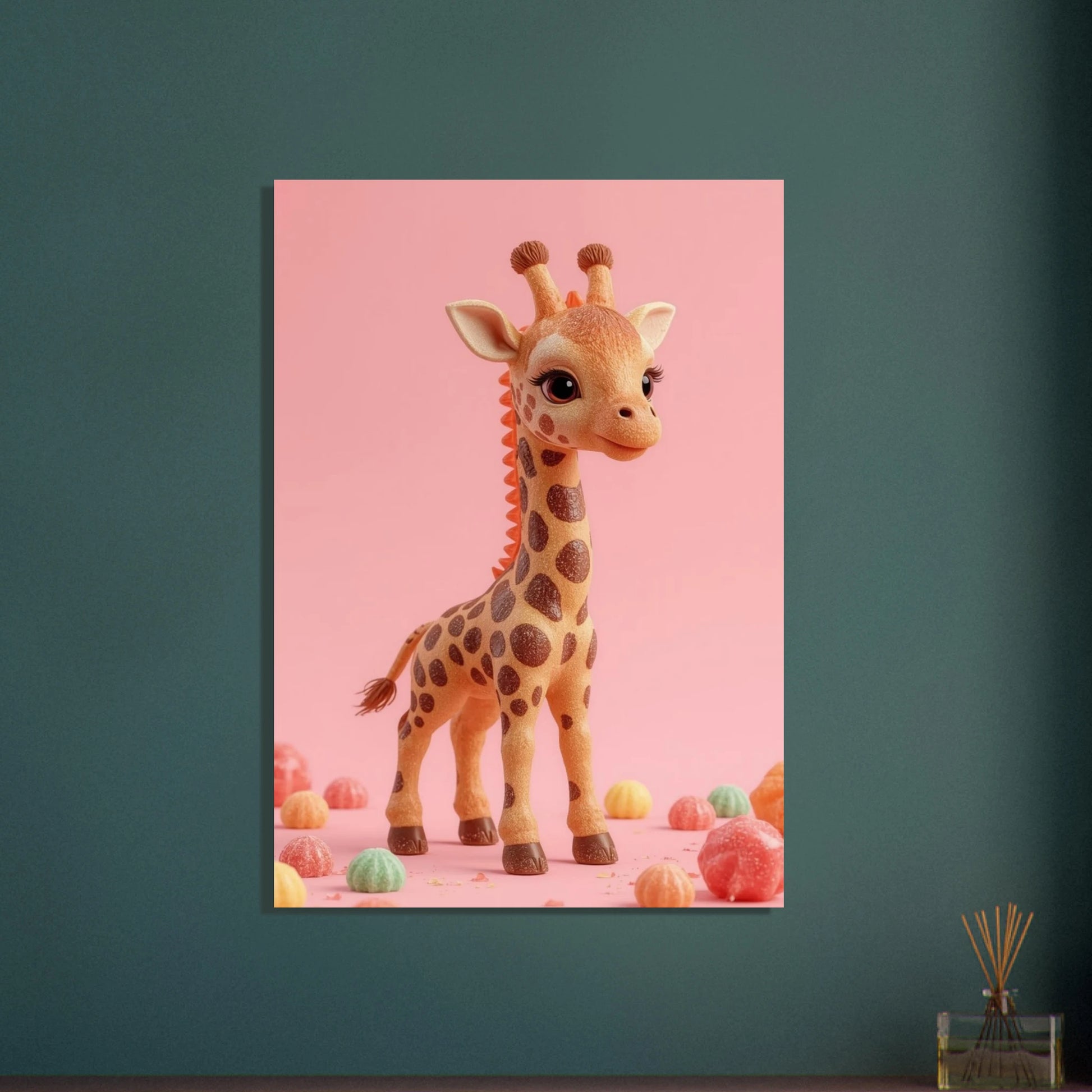 Söt giraff av karamell och godis på rosa bakgrund