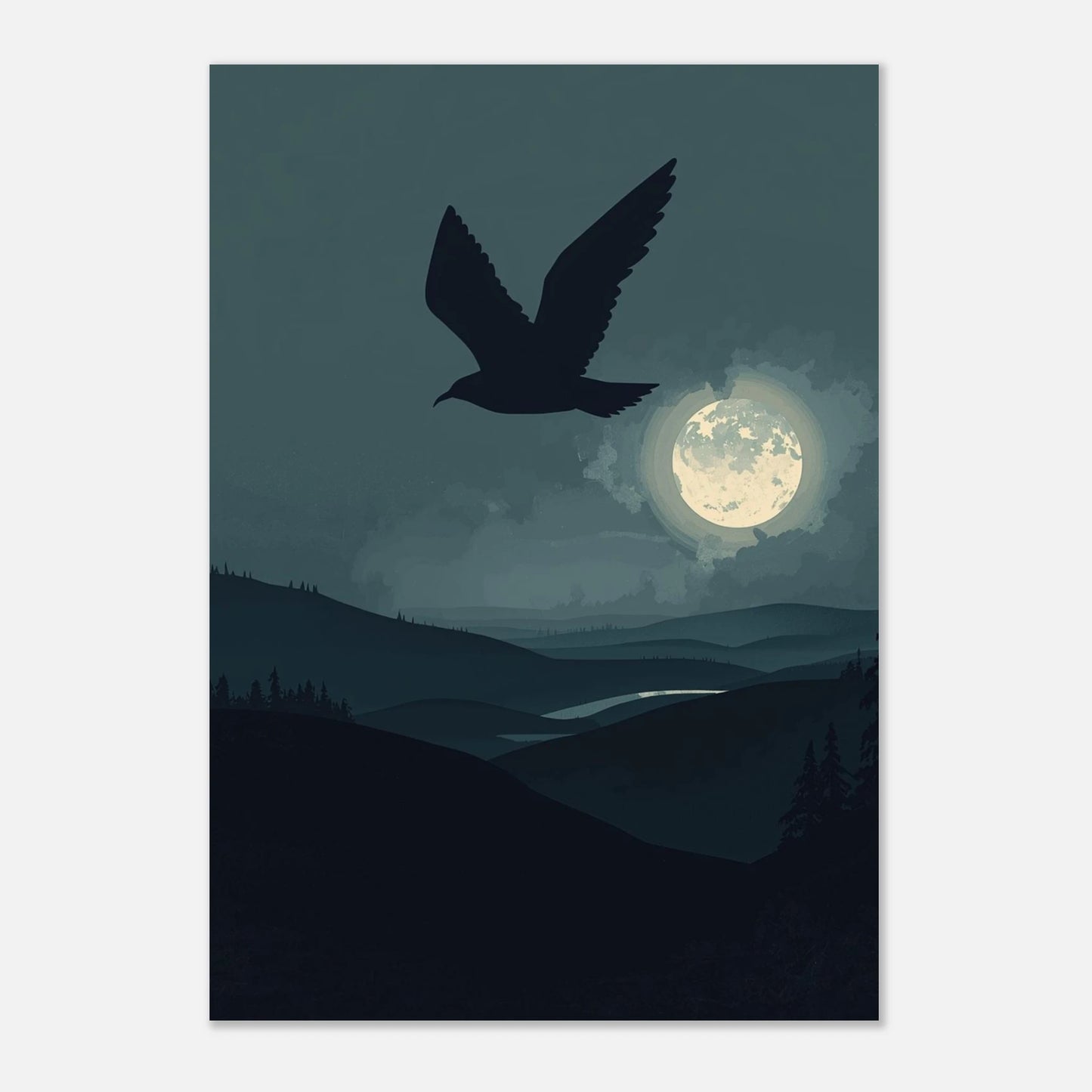 Minimalistisk naturposter med mås och fullmåne i dova blå nyanser