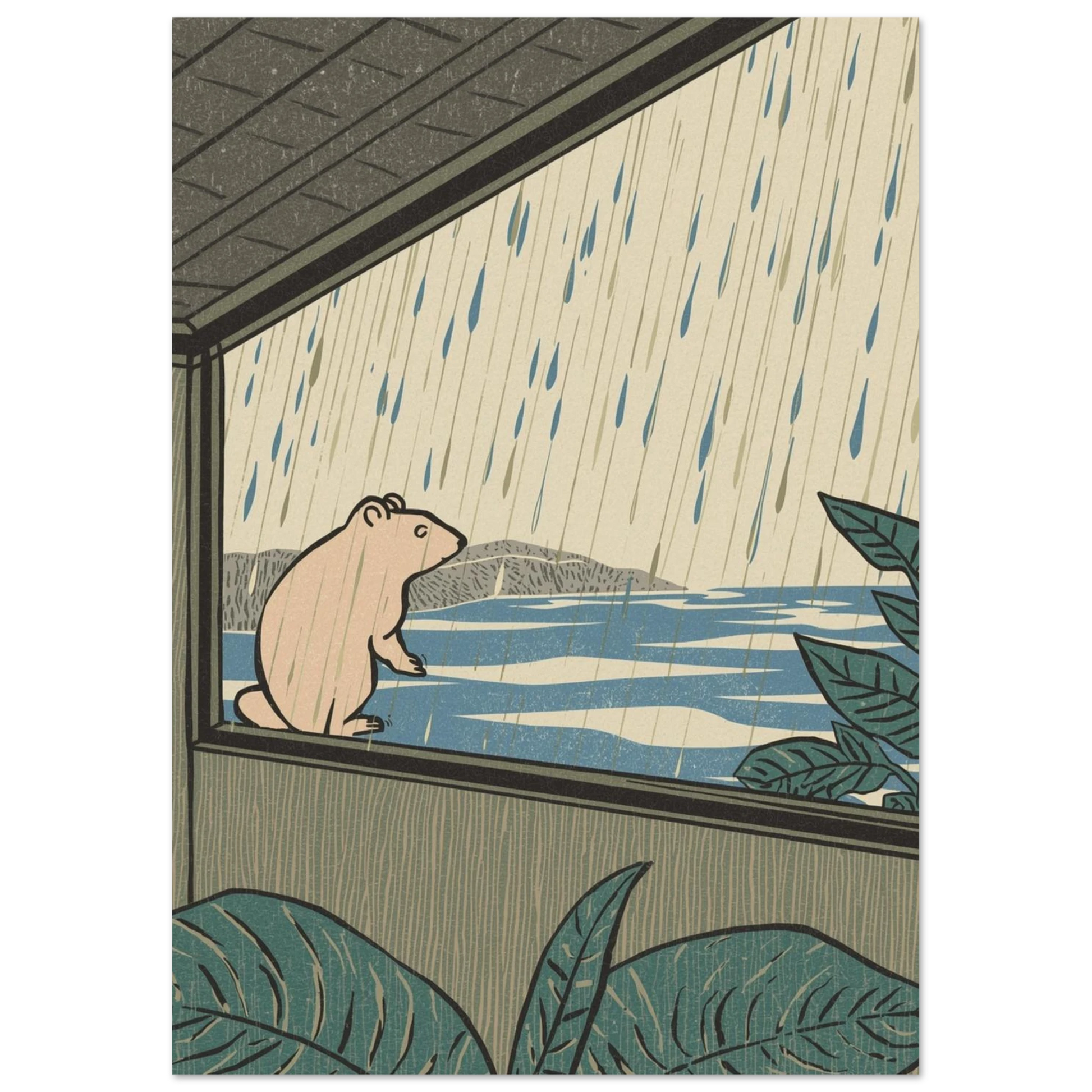 Jordnära poster med en bäver vid en sjö i japansk träsnittsstil
