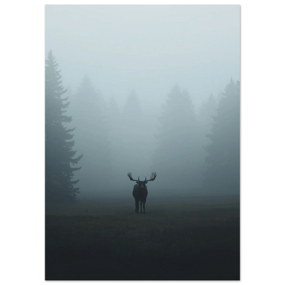 Nordisk fotokonst föreställande älg i disigt landskap med granar