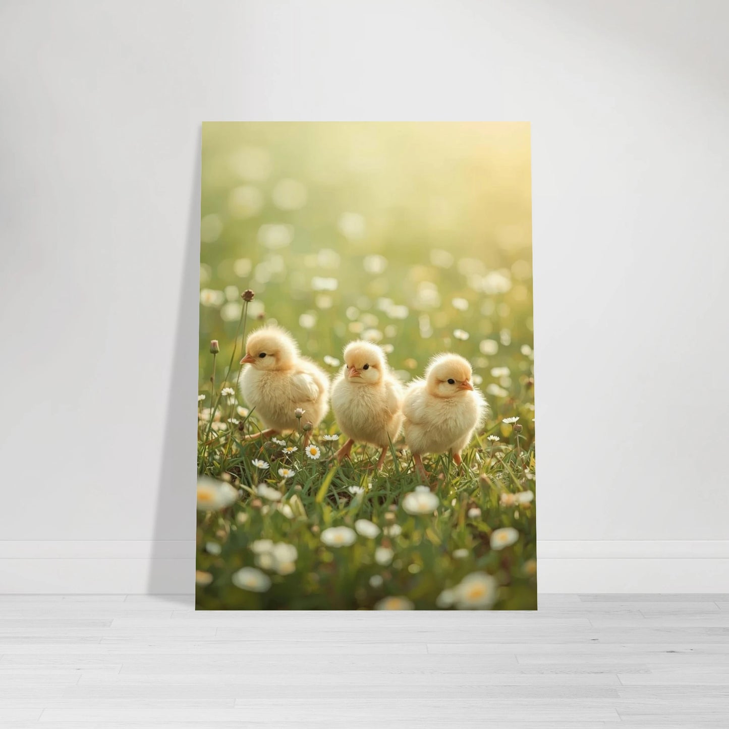 Kycklingarna som en monterad poster lutad mot en vit vägg på ett ljust trägolv – Fotorealistisk poster