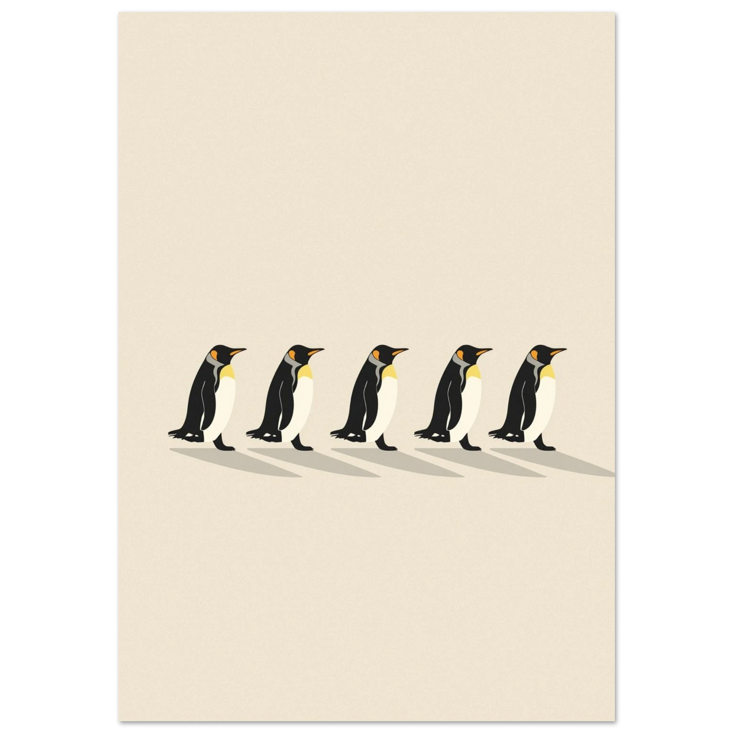 Minimalistisk illustration av fem pingviner på rad mot beige bakgrund