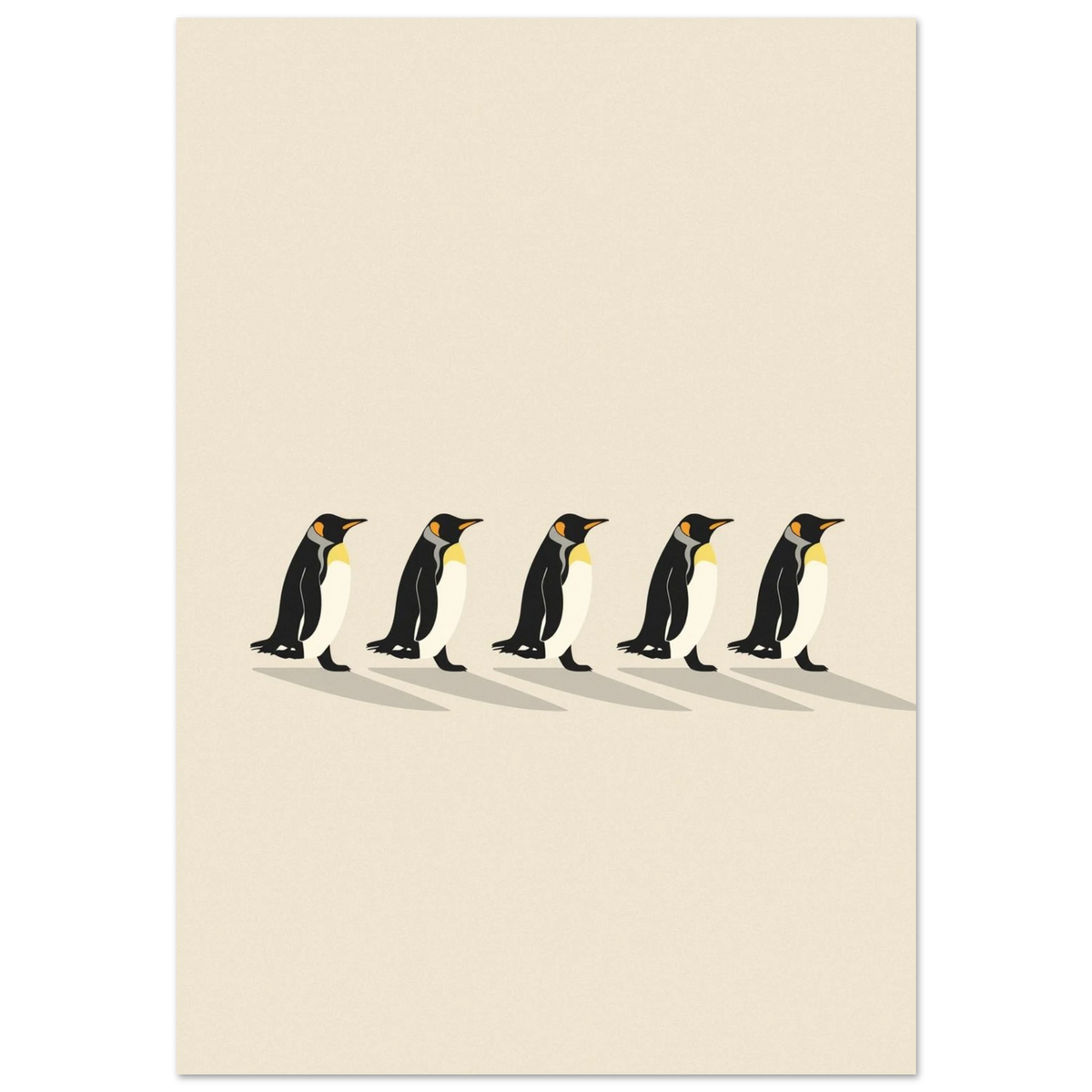Minimalistisk illustration av fem pingviner på rad mot beige bakgrund