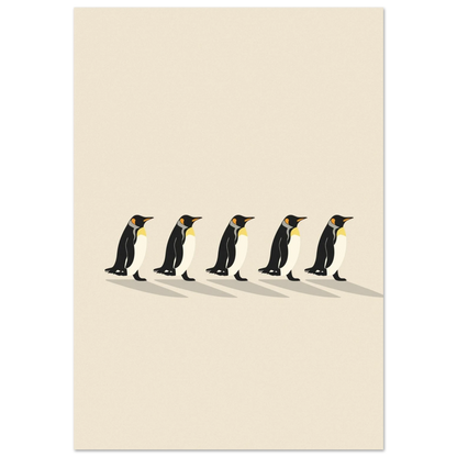 Minimalistisk illustration av fem pingviner på rad mot beige bakgrund