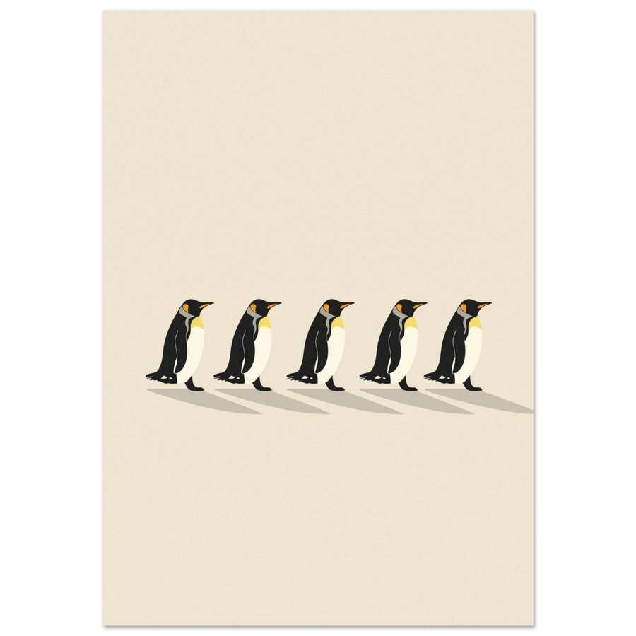 Minimalistisk illustration av fem pingviner på rad mot beige bakgrund