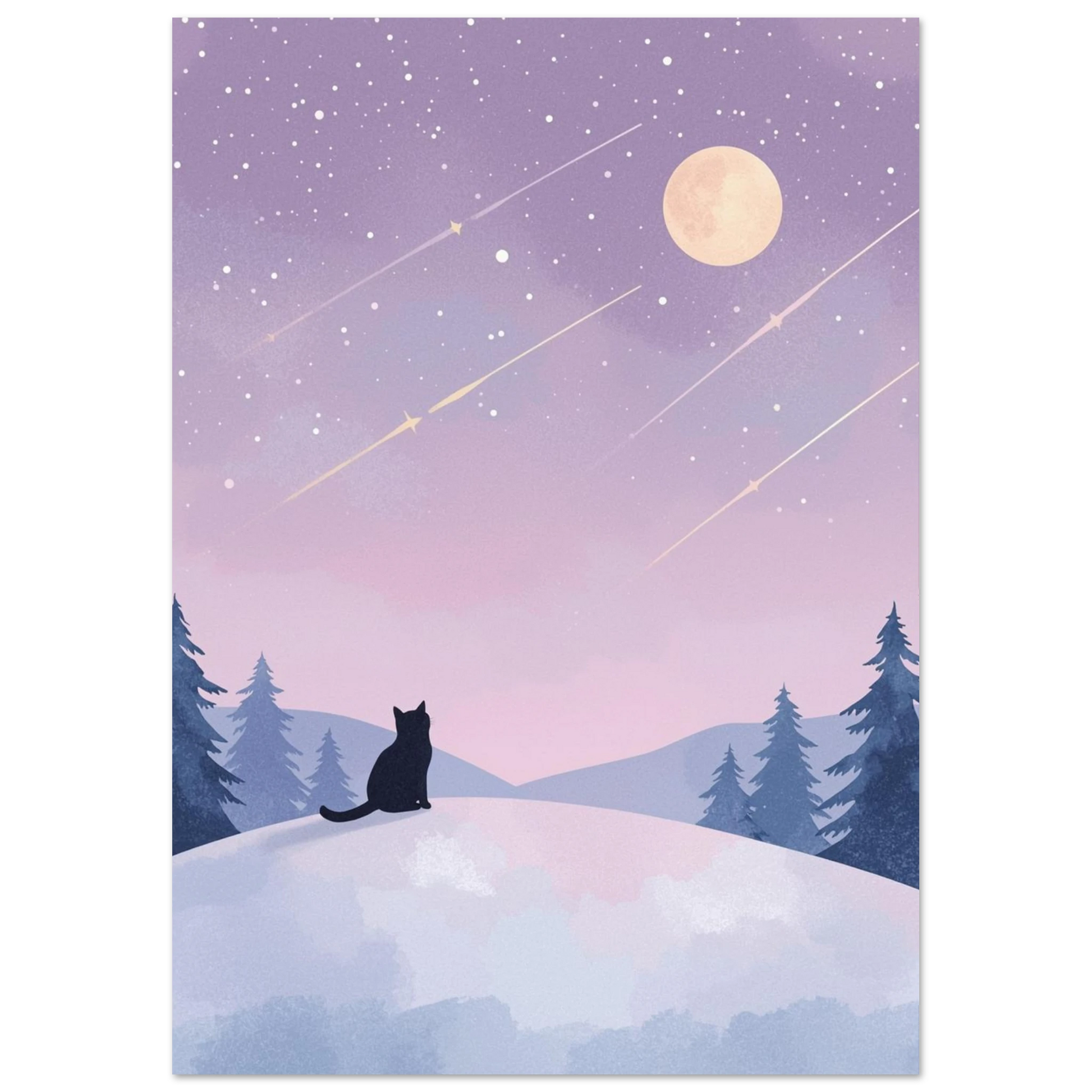Illustration av katt på snötäckt kulle under lila norrskensliknande himmel