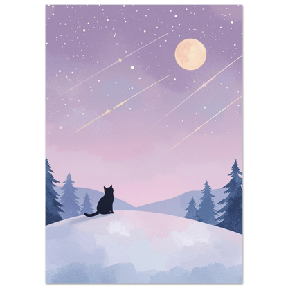 Illustration av katt på snötäckt kulle under lila norrskensliknande himmel
