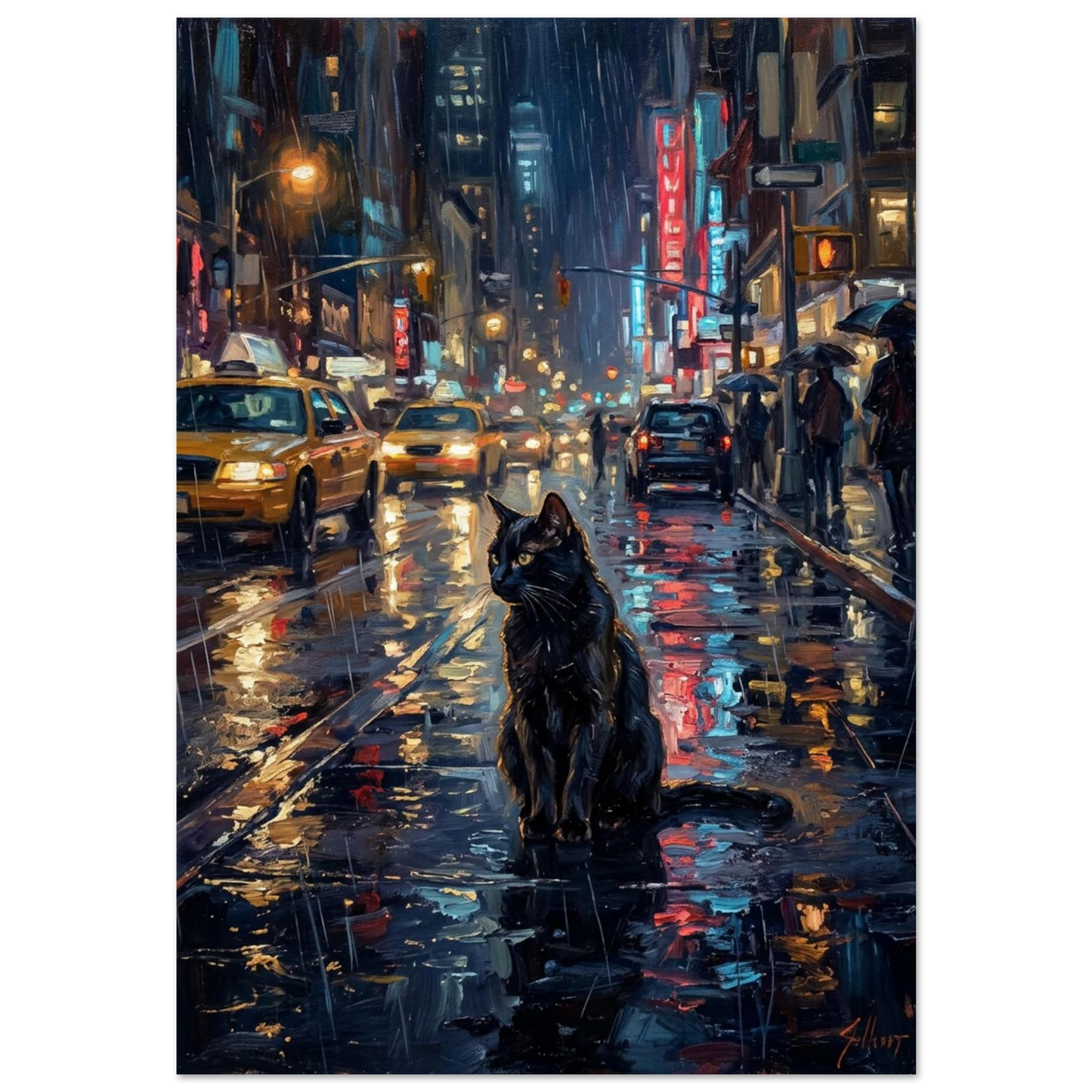 Svart katt i regnig storstadsmiljö med neonljus – impressionistisk oljemålning
