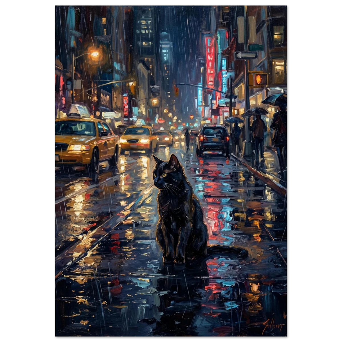 Svart katt i regnig storstadsmiljö med neonljus – impressionistisk oljemålning