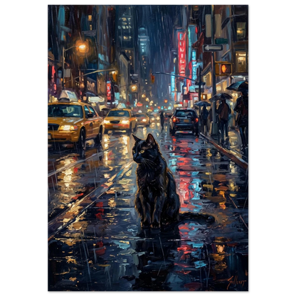 Svart katt i regnig storstadsmiljö med neonljus – impressionistisk oljemålning