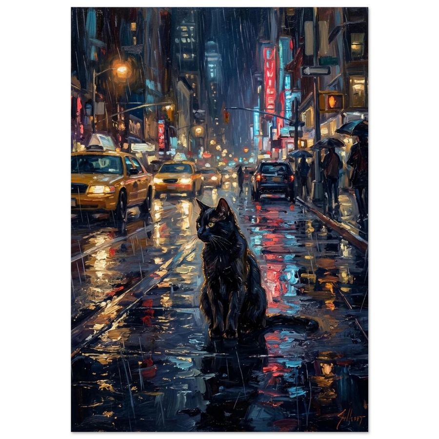 Svart katt i regnig storstadsmiljö med neonljus – impressionistisk oljemålning