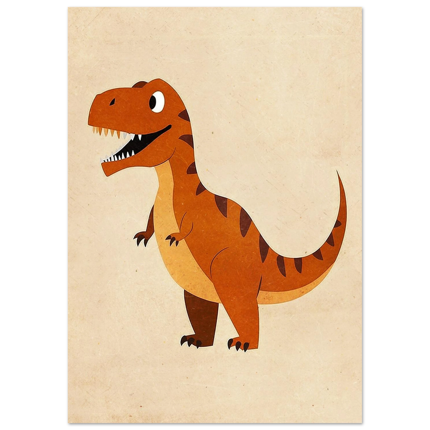 Vänlig dinosaurie med stora ögon i jordnära färger, grafisk djurposter