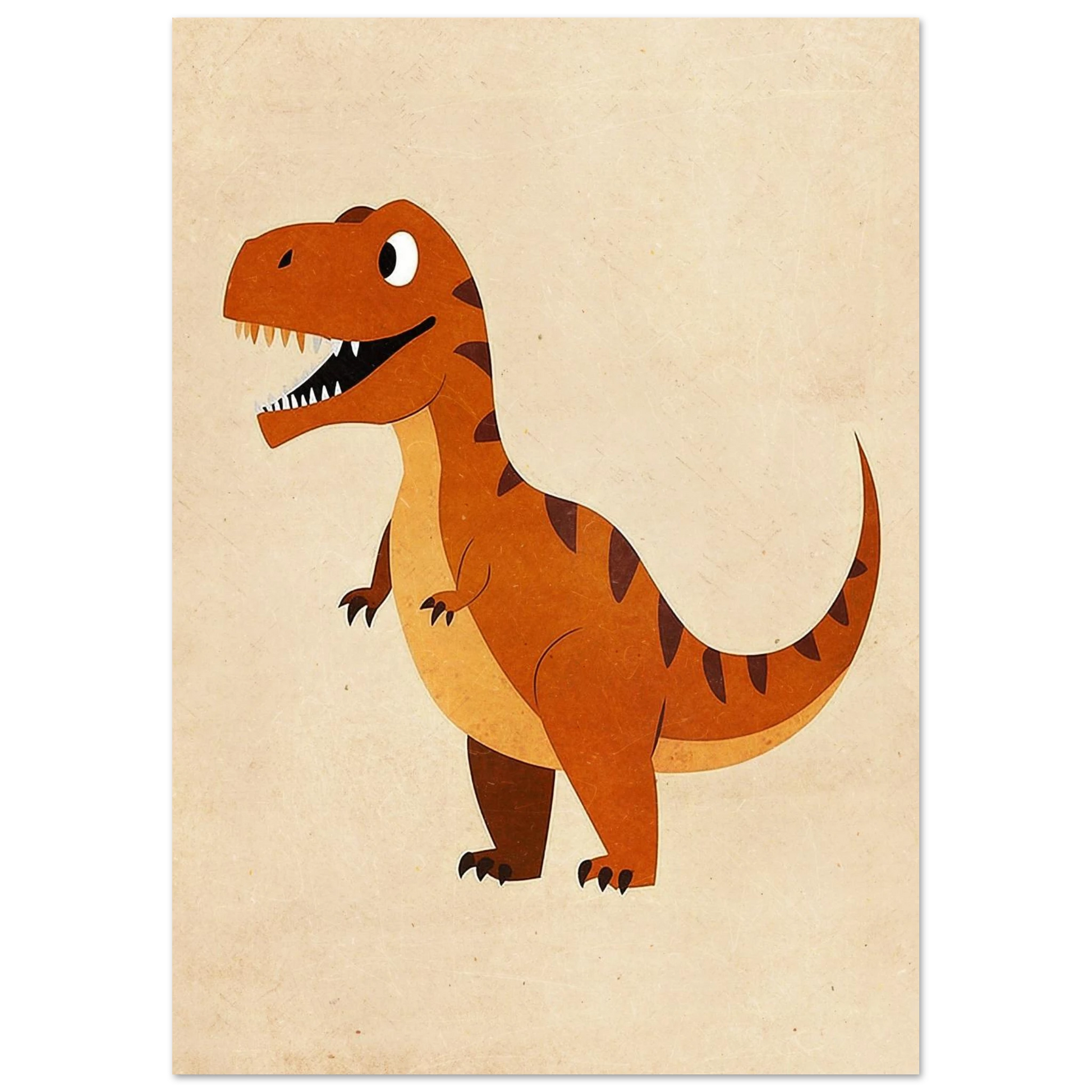 Vänlig dinosaurie med stora ögon i jordnära färger, grafisk djurposter