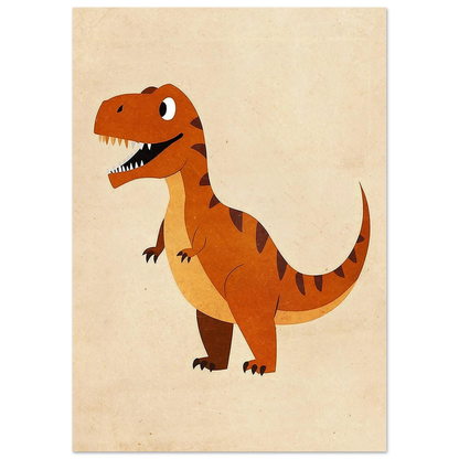 Vänlig dinosaurie med stora ögon i jordnära färger, grafisk djurposter