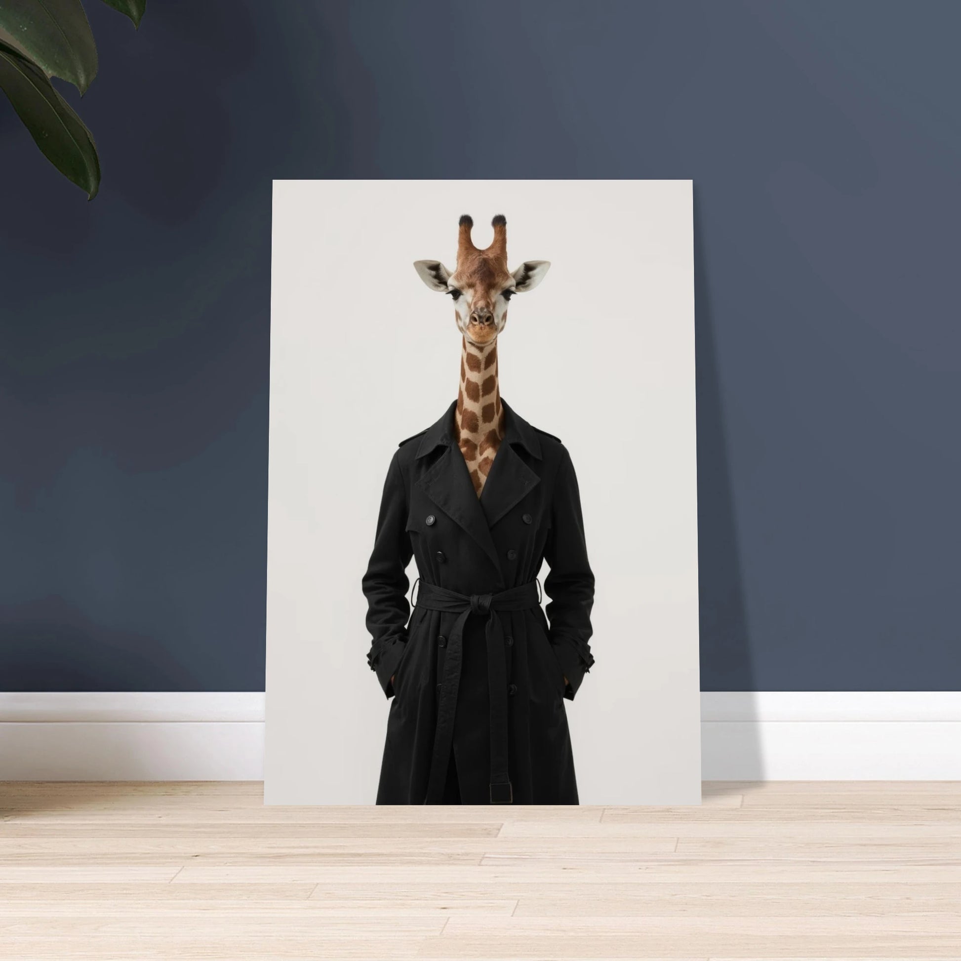 Giraff i svart trenchcoat med händerna i fickorna