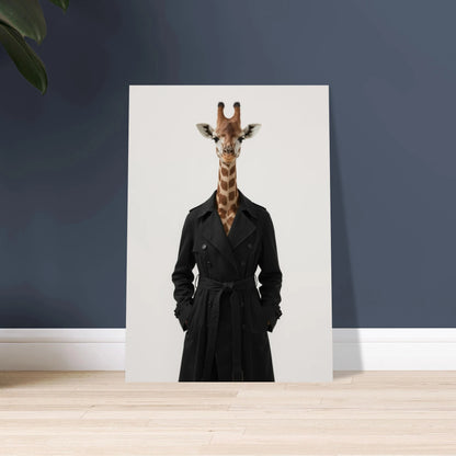 Giraff i svart trenchcoat med händerna i fickorna