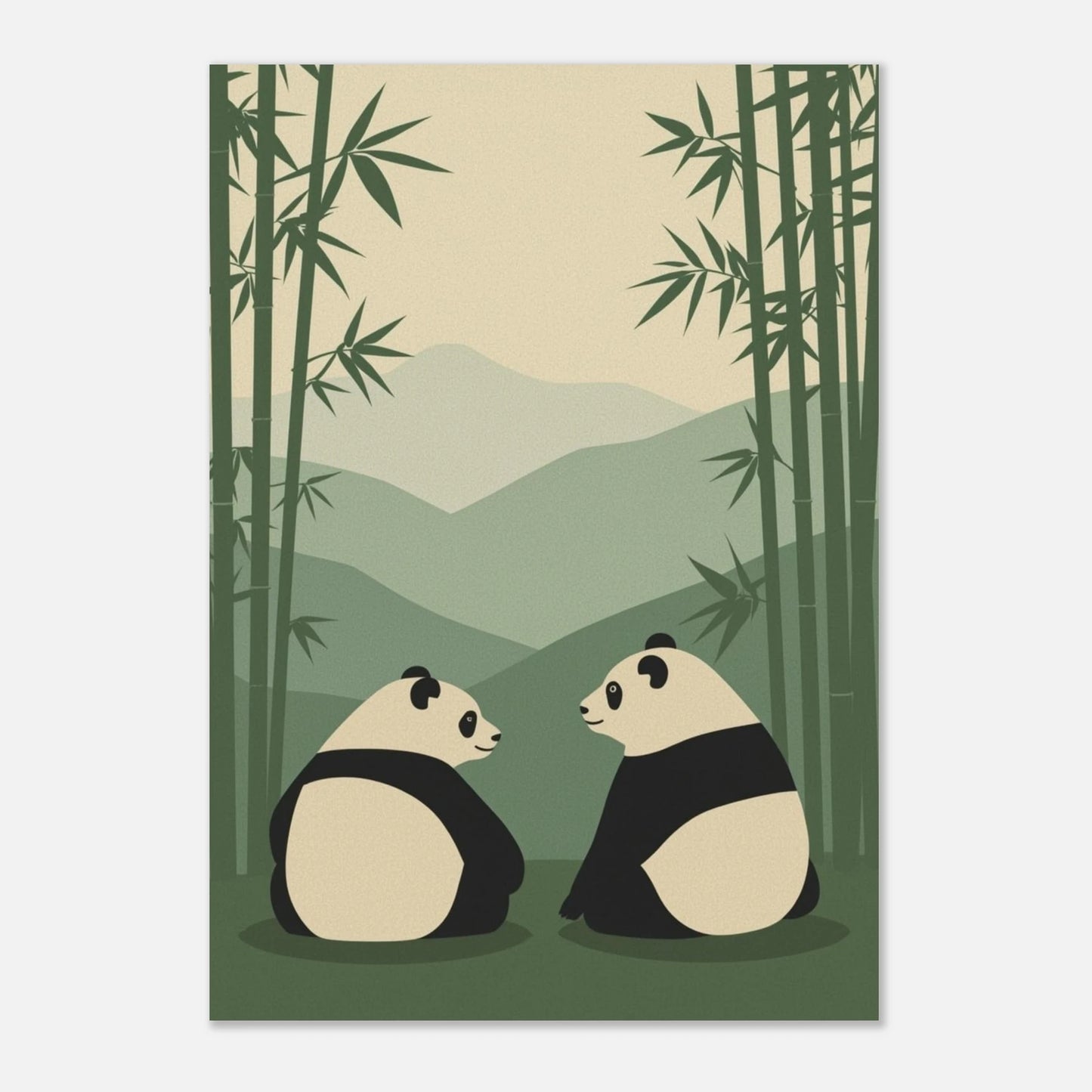 Grafiskt print med pandor i mjuka gröna och beige toner i retrostil