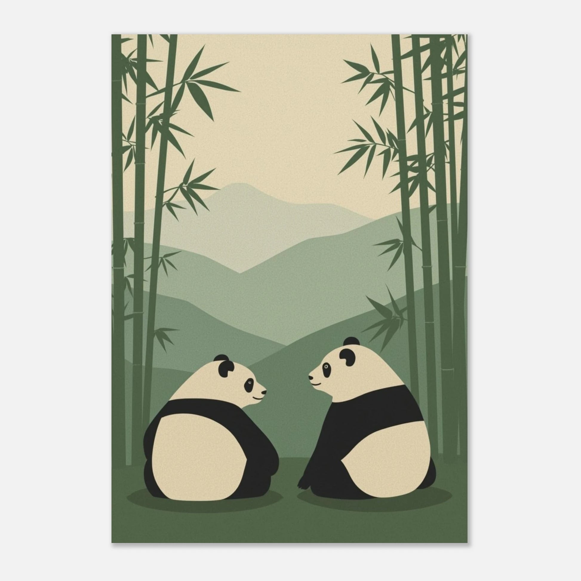Grafiskt print med pandor i mjuka gröna och beige toner i retrostil
