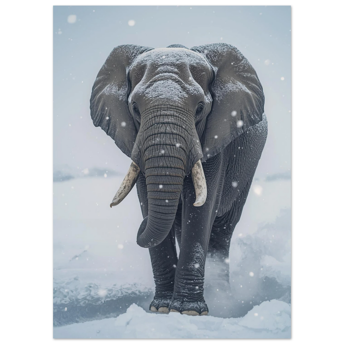 Afrikansk elefant täckt av snöflingor i vinterlandskap – djurmotiv tavla