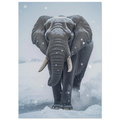 Afrikansk elefant täckt av snöflingor i vinterlandskap – djurmotiv tavla