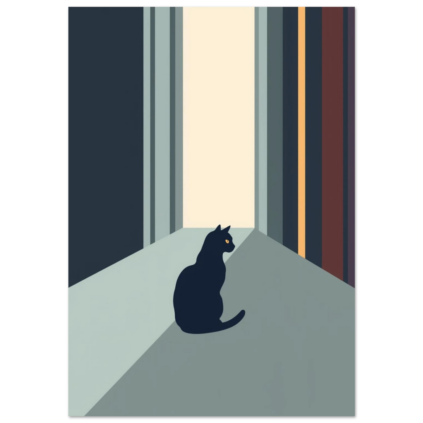Svart kattsiluett med gula ögon i en minimalistisk korridor – grafisk djurposter