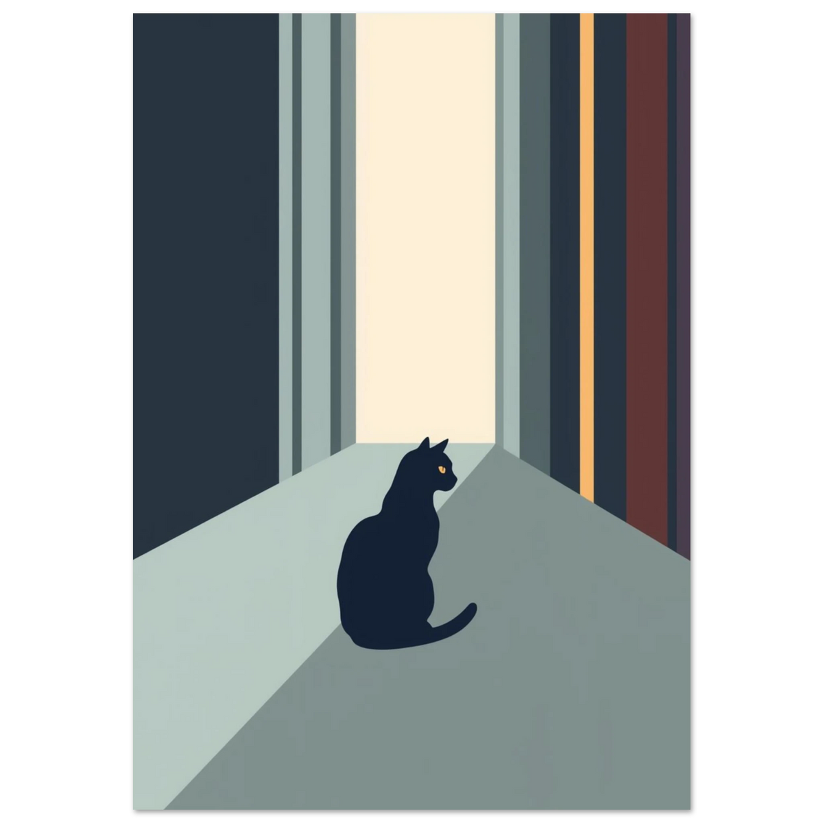 Svart kattsiluett med gula ögon i en minimalistisk korridor – grafisk djurposter