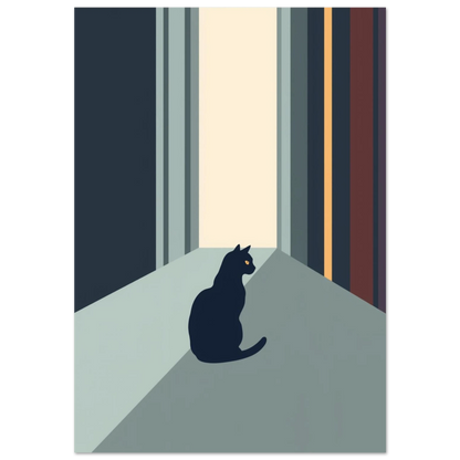 Svart kattsiluett med gula ögon i en minimalistisk korridor – grafisk djurposter