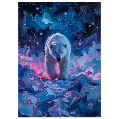 Konstnärlig isbjörnsposter med norrskensliknande bakgrund och djupa lila toner