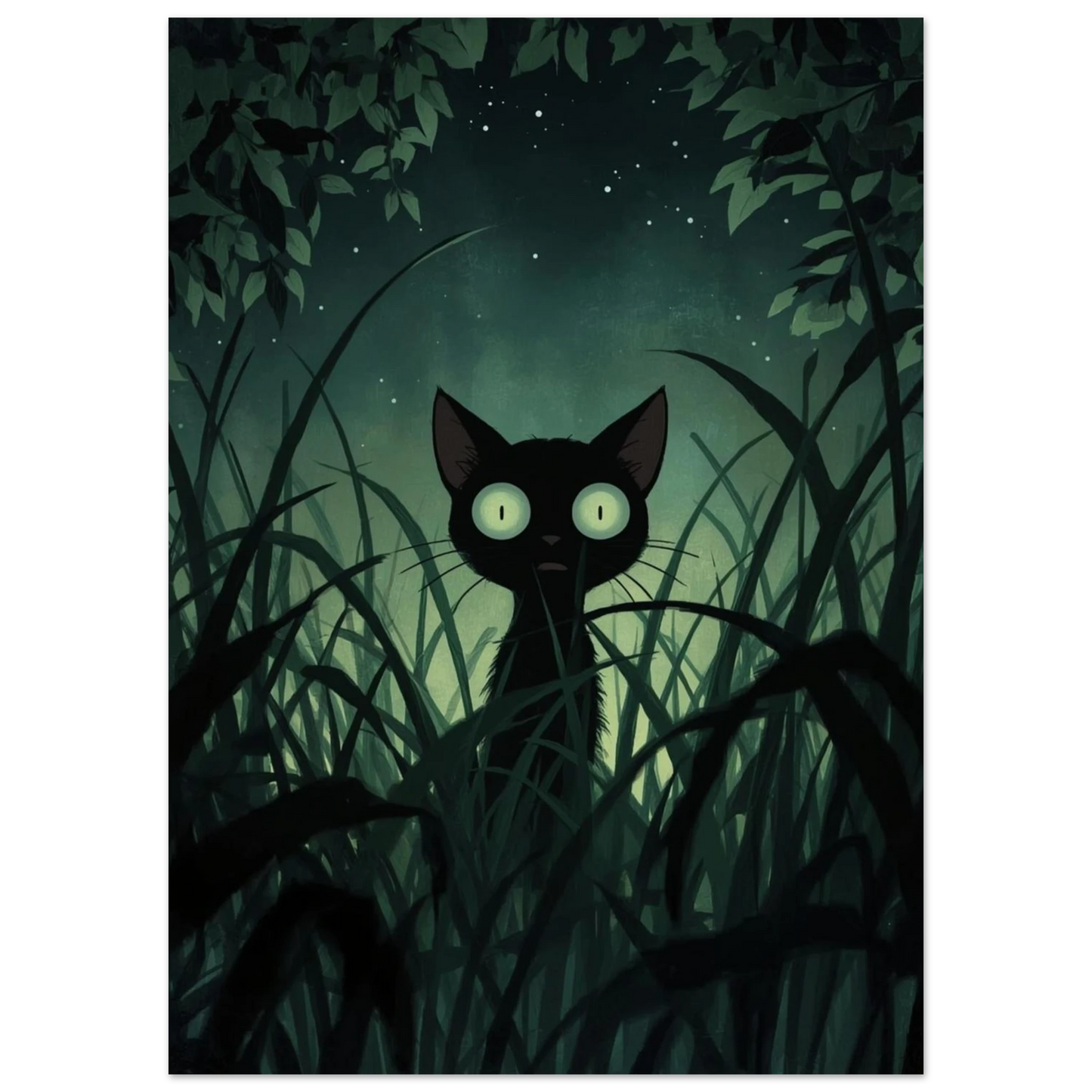 Illustration av kattunge i nattlig skog under stjärnklar himmel