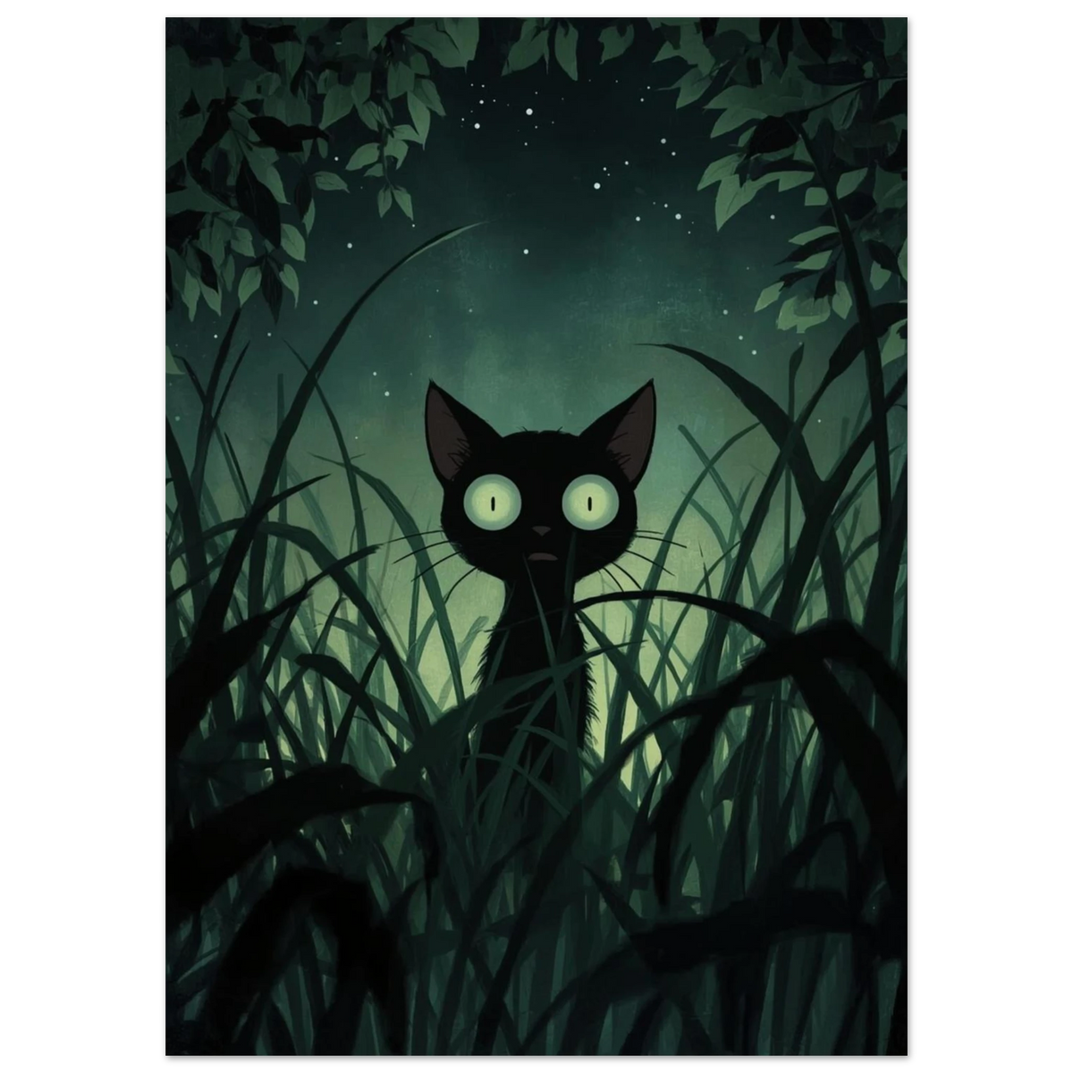 Illustration av kattunge i nattlig skog under stjärnklar himmel