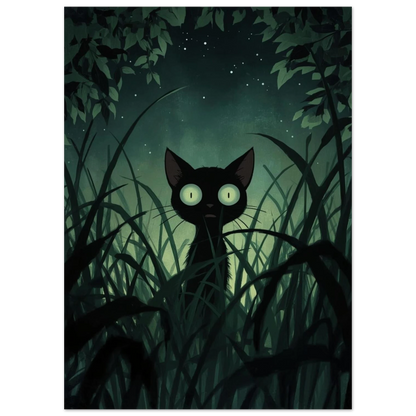Illustration av kattunge i nattlig skog under stjärnklar himmel