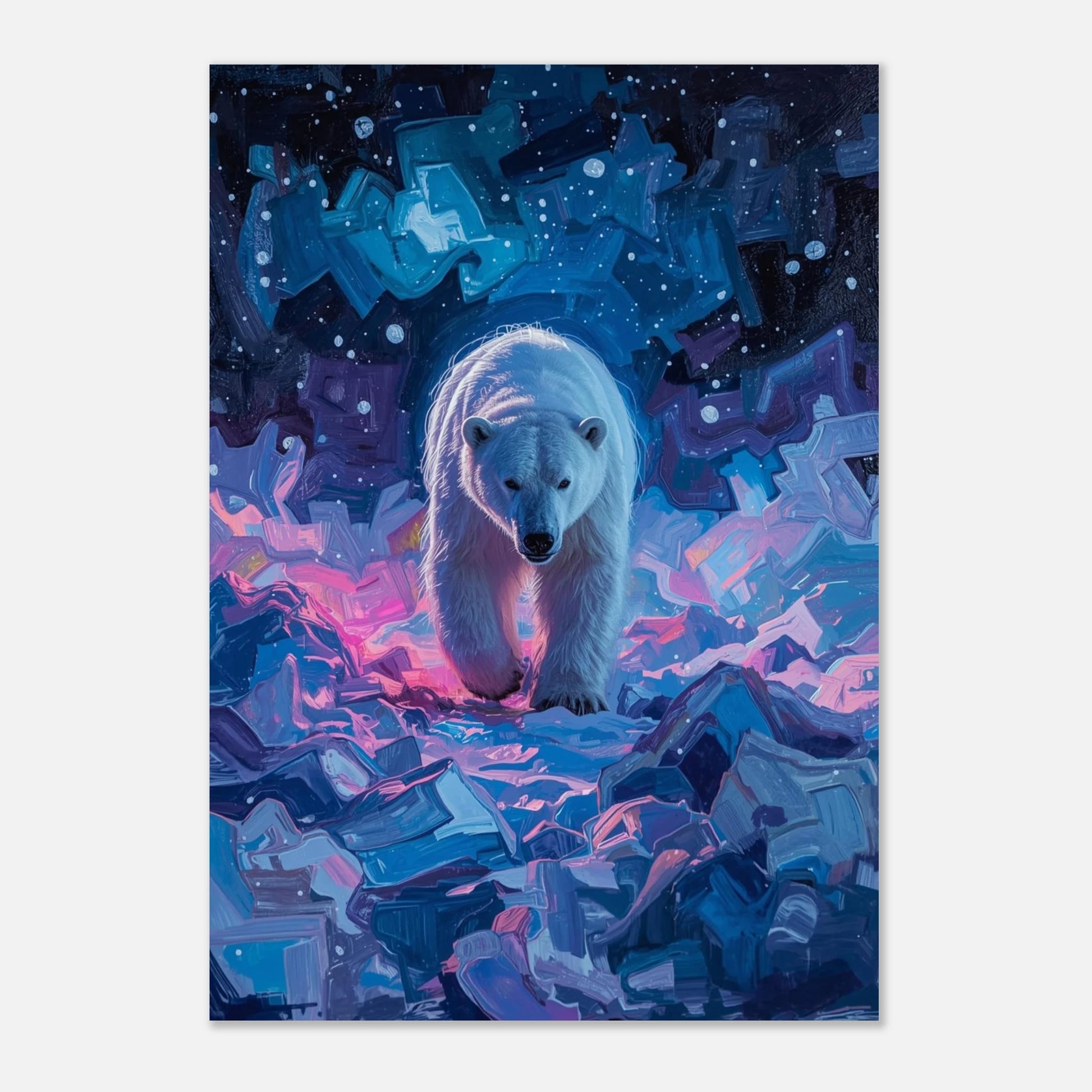 Färgstark djurposter föreställande en isbjörn i arktiskt nattljus, modern konststil