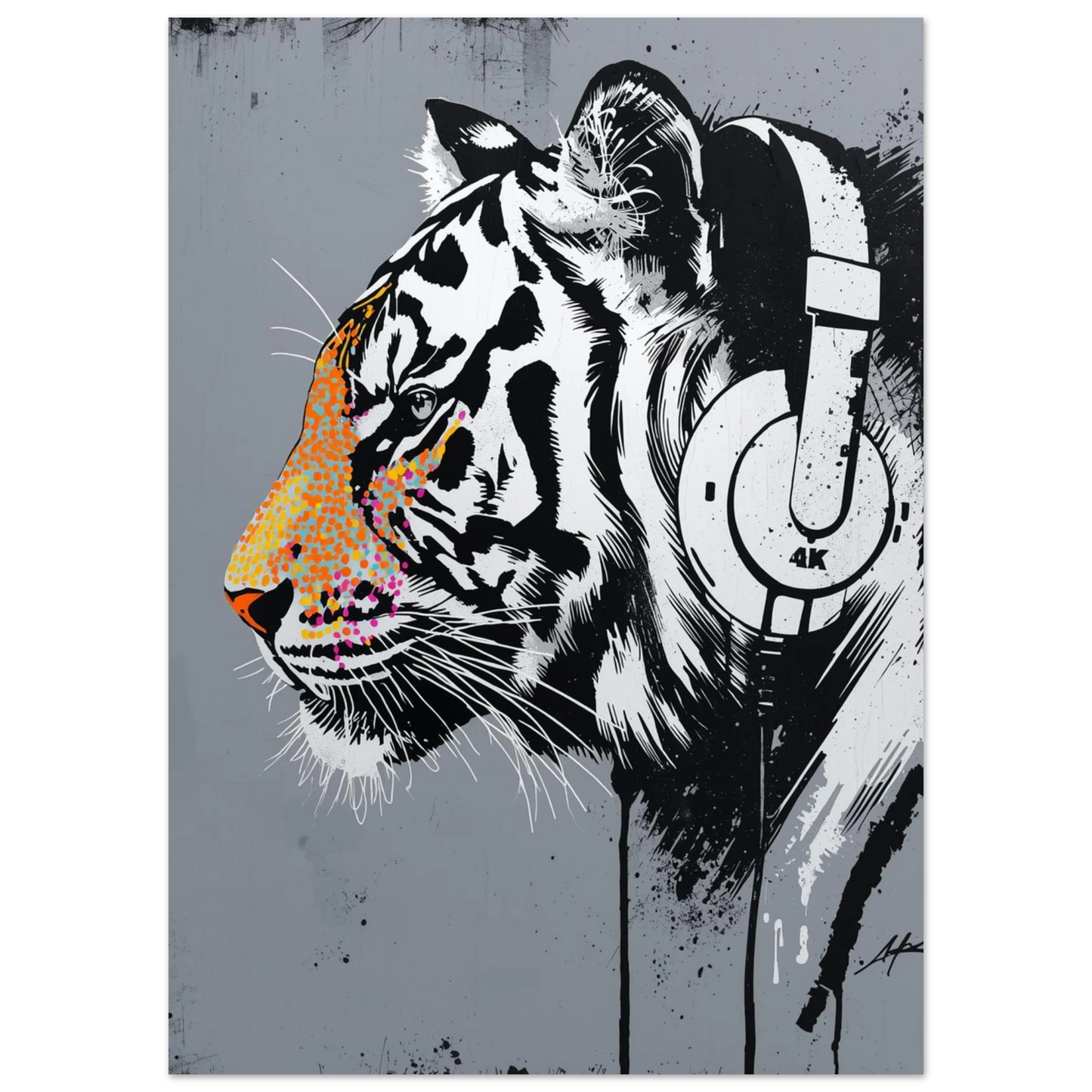 Svartvit tigerillustration med neonfärgade färgstänk och hörlurar – modern tavla