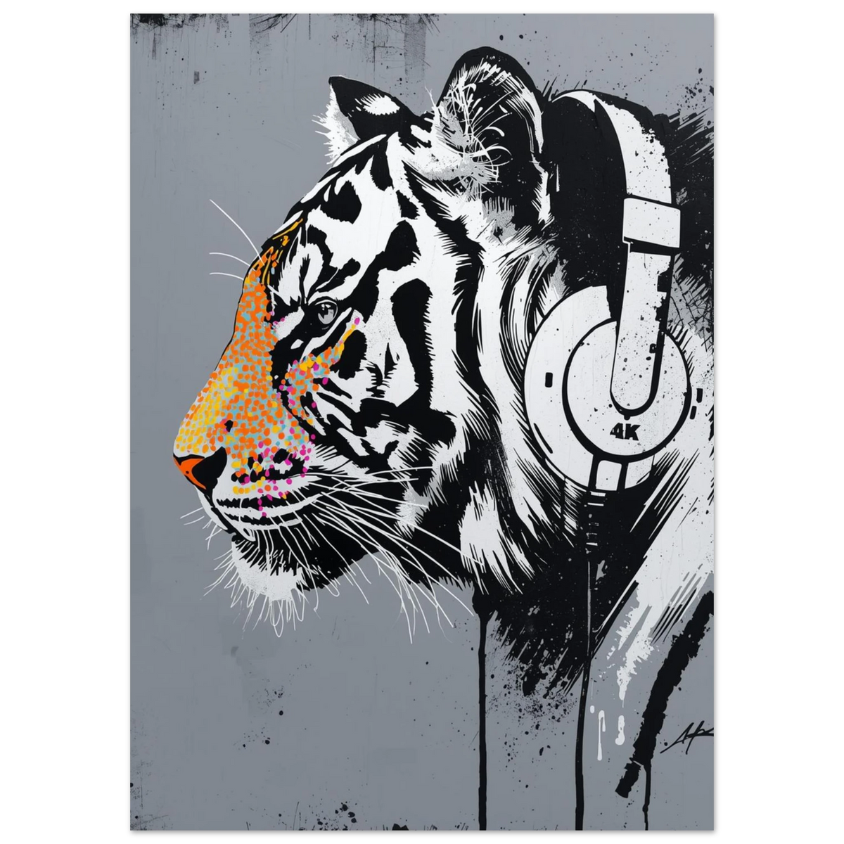 Svartvit tigerillustration med neonfärgade färgstänk och hörlurar – modern tavla