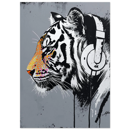 Svartvit tigerillustration med neonfärgade färgstänk och hörlurar – modern tavla