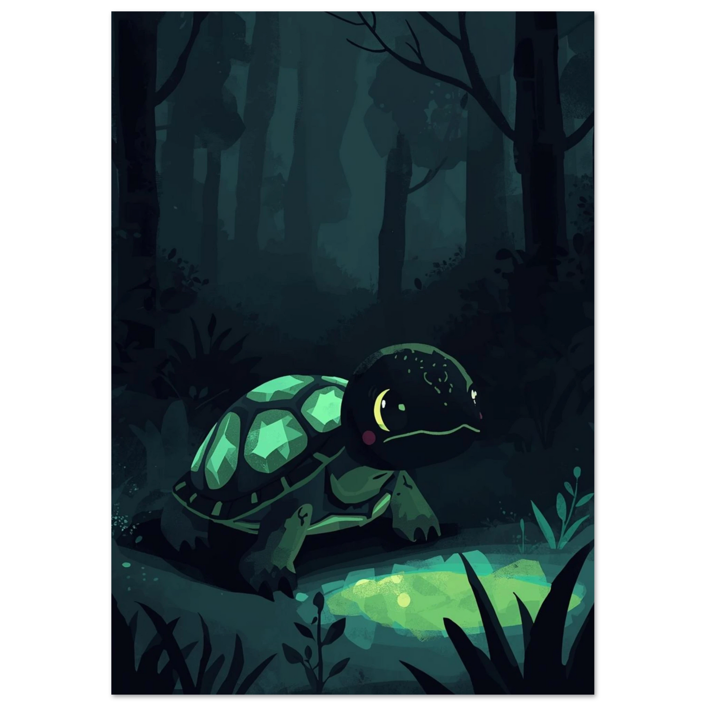 Digital illustration av en liten sköldpadda i en mystisk skogsmiljö