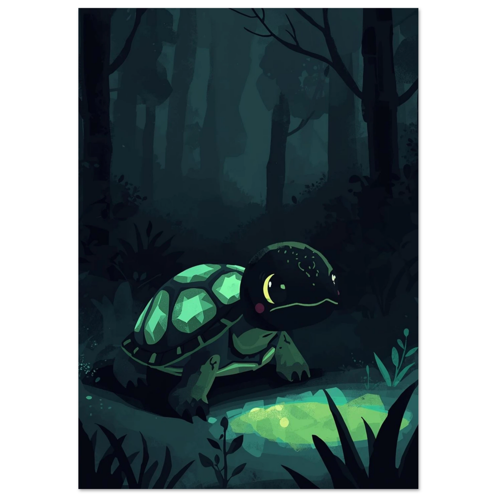 Digital illustration av en liten sköldpadda i en mystisk skogsmiljö