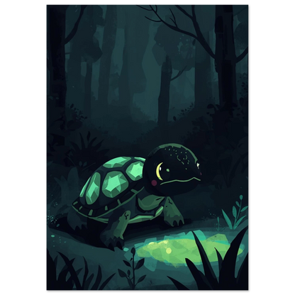 Digital illustration av en liten sköldpadda i en mystisk skogsmiljö