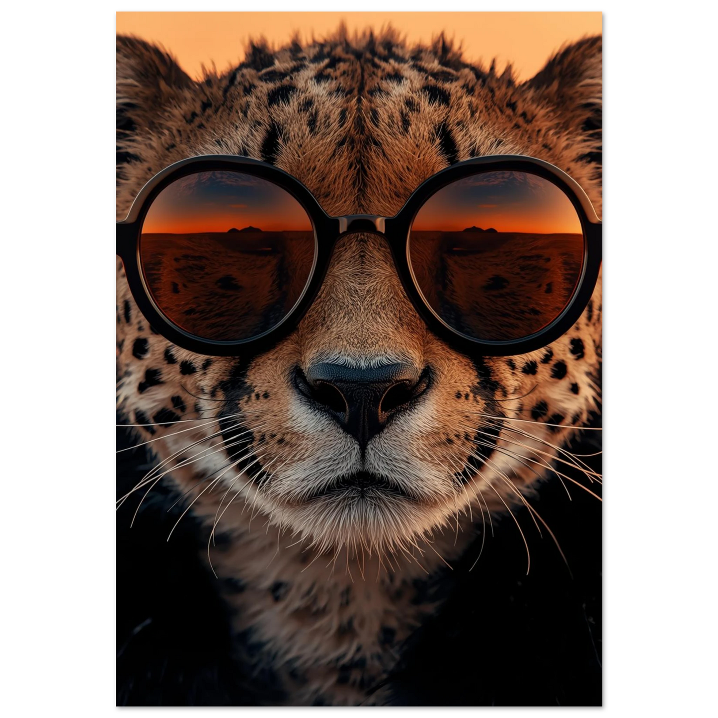 Närbild på gepard i svarta solglasögon med orange solnedgångsreflektion