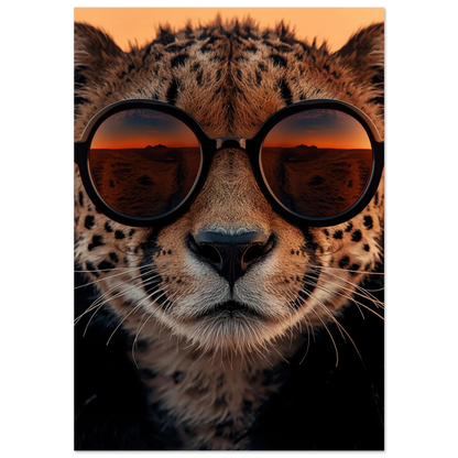 Närbild på gepard i svarta solglasögon med orange solnedgångsreflektion