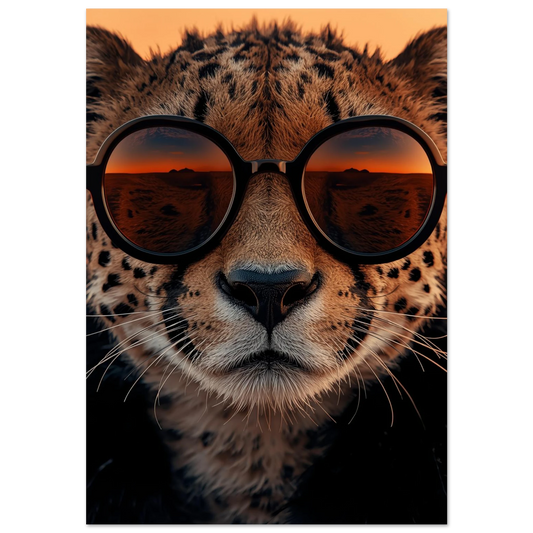 Närbild på gepard i svarta solglasögon med orange solnedgångsreflektion